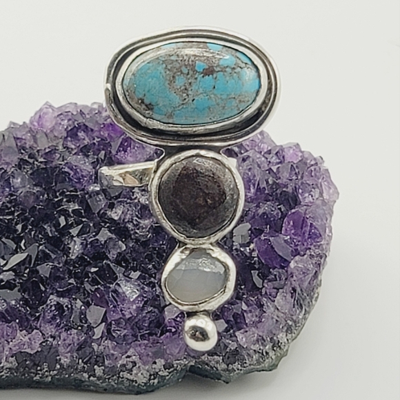 3 STONE RING TURQUOISE, BRONZITE AND MOONSTONE HANDMADE STERLING SILVER METAL 8 - Picture 2 of 5